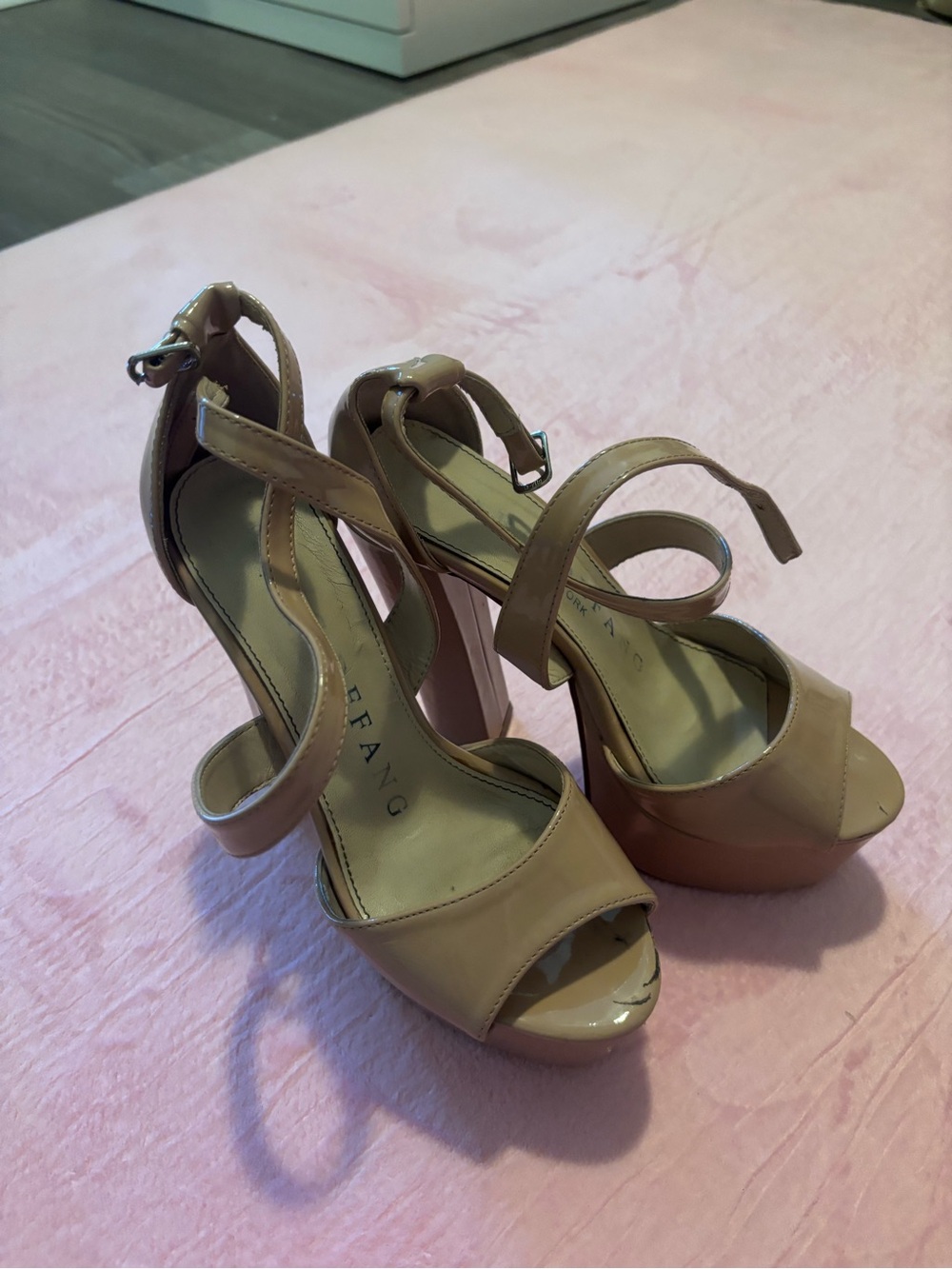 Nude Patent Platform Peep-Toe Ankle-Strap Heels